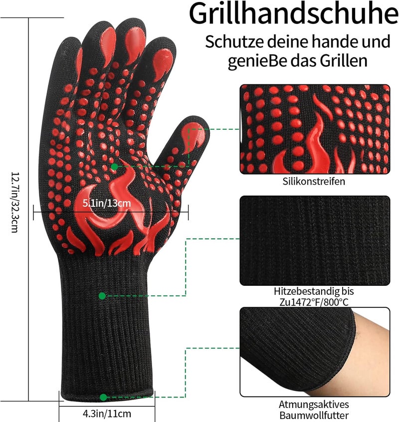 HexinYigjly 1 Pair/2 Pieces BBQ Gloves, Grilling Gloves, Heat Resistant Barbecue Oven Gloves, 1472°F/800°C Kitchen Fireproof Mitts Heat Proof for Grilling, Baking, Cooking, Welding Gloves Mitts - Red - Image 2